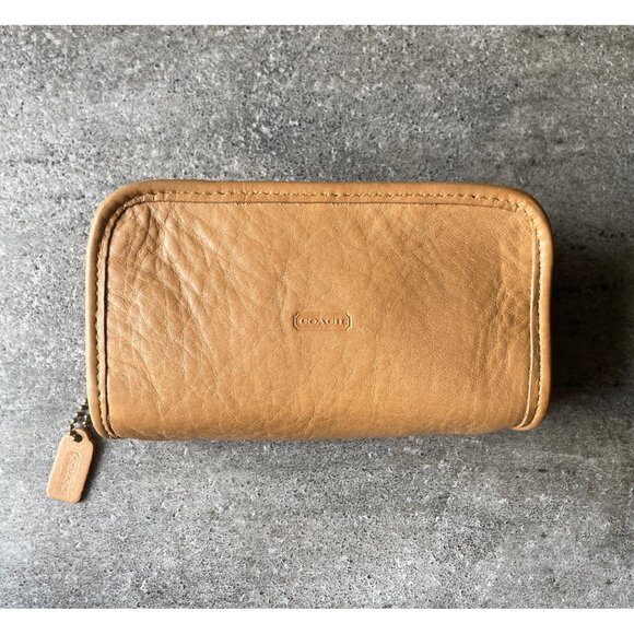 Vintage Coach Chubby Case Camel Embossed Leather With Mirror Cosmetic Travel - Picture 1 of 11